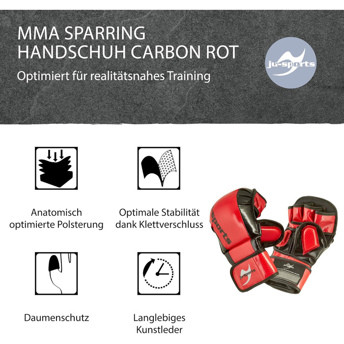 Рукавички для спарингу MMA Ju-Sports Carbon - червоні, PU Рукавички для всіх видів бою/MMA з накладкою на тильній стороні Міцний захист великого пальця та долоні для тренувань