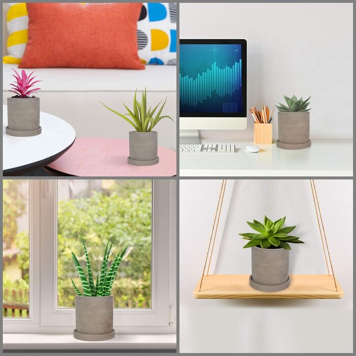 Набір горщиків для сукулентів BELLE VOUS (2 шт.) - Сірий цементний квітковий горщик з блюдцем - Круглі дренажні отвори для невеликих рослин, квітів, кактусів та трав - Стильний для дому, офісу та вікон