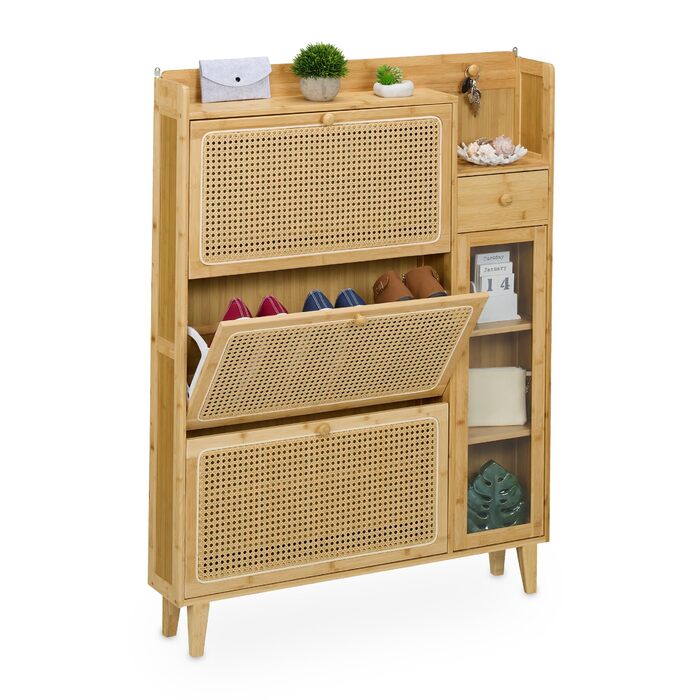 Бамбукова шафа для взуття Relaxdays, 127x95x19 см, натуральний колір Вузька взуттєва полиця, 5 відділень, 3 дверцята, на 9 пар