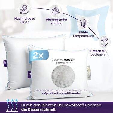 Подушка 60x70 см - Бавовняний чохол для подушки Комплект з 2 шт., Ергономічна подушка для сну середньої жорсткості Підтримує голову та шию - Активна циркуляція повітря 70 x 60 см