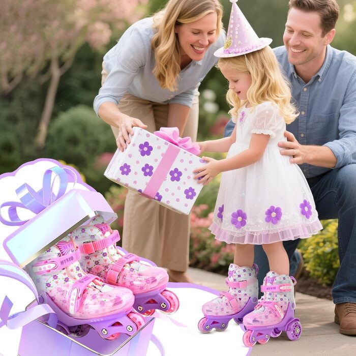 Дитячі роликові ковзани, 4 регульовані розміри, стабільна та безпечна 3-точкова конструкція, роликові ковзани для дівчаток для початківців з дихаючим верхом, легкі та з цікавим квітковим дизайном, розмір S 28-32 EU