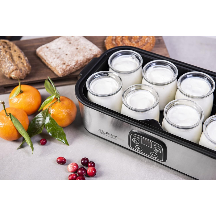 Електрична йогуртниця TZS First Austria, йогуртниця, 30 Вт, 8 склянок, 190 мл, РК-дисплей, налаштування температури, таймер і функція автозупинки, білий/сірий 30 Вт 8 баночок по 190 мл