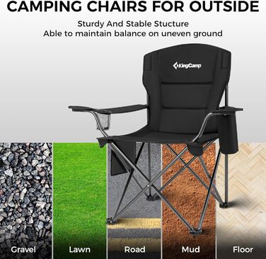 Крісло для кемпінгу KingCamp з сумкою-холодильником та тримачем для напоїв, кемпінгове крісло для дорослих, складні вуличні стільці для саду, пікніка, походів, використання в приміщенні, вантажопідйомність 136 кг, чорний