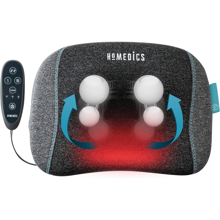 Масажна подушка HoMedics TRUHEAT Shiatsu для шиї, плечей, спини, портативна, бездротова, акумуляторна, 50 хвилин масажу релаксація на одному заряді з автоматичним відключенням через 20 хвилин