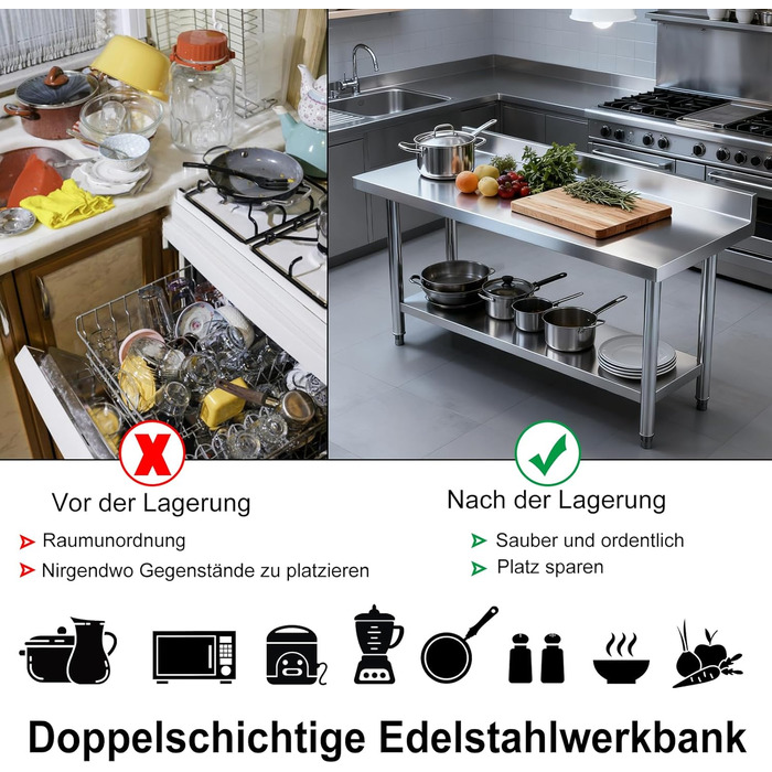 Робочий стіл з нержавіючої сталі UISEBRT з підніжкою, Кухонний стіл з нержавіючої сталі з регульованими ніжками, Кухонний стіл/розбірний стіл з дуже великою нижньою полицею, 150 x 50 x 85 см, з підніжкою