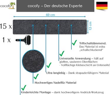Килимки для сходів Cocofy, сучасні, набір з 15 шт. , 60 x 12 см, самоклеючий фетр Килимки для сходів в приміщенні, 15 шт. , килимові сходинки, самоклеючий килим для сходів, темно-сірий, антрацит, темно-сірий, 60 см x 12 см 15 шт. з роликом