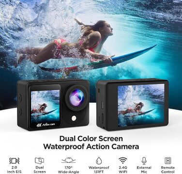 Сенсорний екран TIMNUT 4K Action Cam - подвійний екран 40M підводна камера 170 ширококутна шоломна камера 20MP водонепроникні екшн-камери з дистанційним керуванням, 2 батареями та комплектом аксесуарів