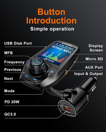 Передавач Bluetooth для автомобіля з 1,8-дюймовим кольоровим екраном Bluetooth Гучний зв'язок Bluetooth Автомобільний радіоадаптер 4 в 1 MP3-плеєр AUX 2 USB-порти SD/TF карта (QC3.0PD чорний)