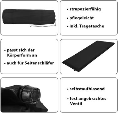 Килимок для кемпінгу ALPIDEX, самонадувний килимок з товстої піни 2,5 см 6 см 10 см, міцний та ізолюючий килимок для вулиці, колір чорний, розміри 200 x 66 x 6,0 см