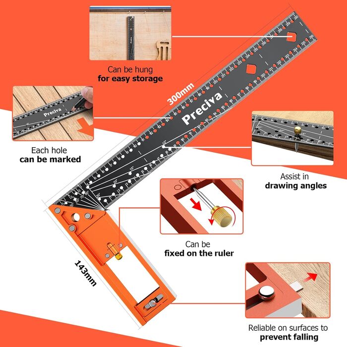 Набір столярних кутів, трикутна лінійка Preciva 180 мм і багатофункціональний стоп-кут 300 мм, упорна лінійка Комбінована кутова лінійка з алюмінієвого сплаву для DIY, роботи по дереву, домашньої роботи