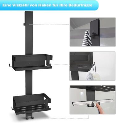 Підвісна полиця для душу з нержавіючої сталі SUS304, без свердління для скляних дверей без рами, тримач для шампуню та гелю для душу, чорний колір (Стиль А)