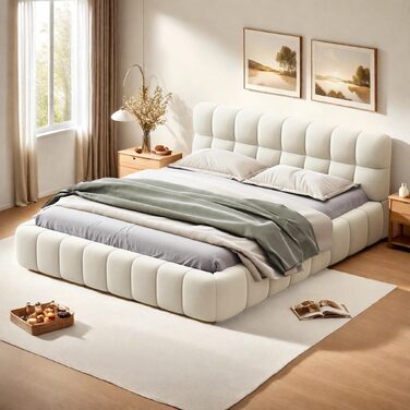 Ліжко з м&39якою оббивкою Bubble 140x200, двоспальне ліжко з м&39якою оббивкою 140x200 бежеве, дитяче ліжко, плоске ліжко для гостей, каркас ліжка з рейковою основою та узголів&39ям, лляне, без матраца (бежевий, 140x200 см) бежевий 140x200 см