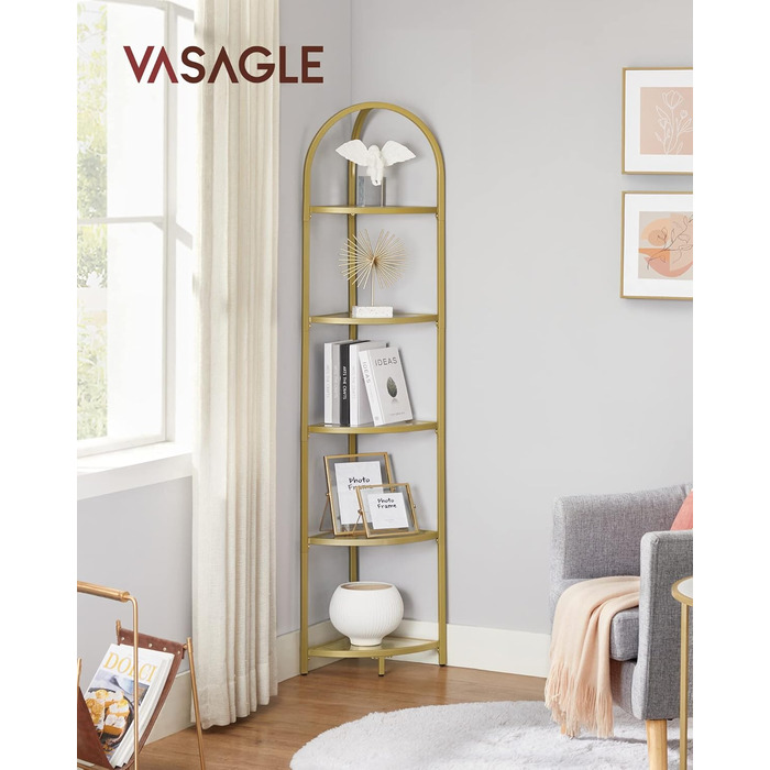 Кутова полиця VASAGLE, 5 полиць, книжкова полиця, полиця для рослин, окремостояча полиця, полиця для ванної кімнати, полиці із загартованого скла, сталева рама, сучасна, для вітальні, кухні, металеве золото LGT810A01 5 полиць (28 x 28 x 158 см) металеве з