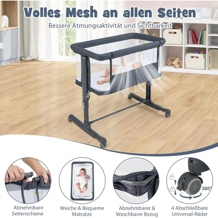 Ліжечко DREAMADE 2-в-1 Side-by-Side, дорожнє ліжечко з регульованою висотою на 5 рівнях з матрацом та колесами, колиска 86 x 63 см для дітей від народження до 9 кг, дитяче ліжечко з кутом нахилу 10 (модель 2 - темно-сірий)