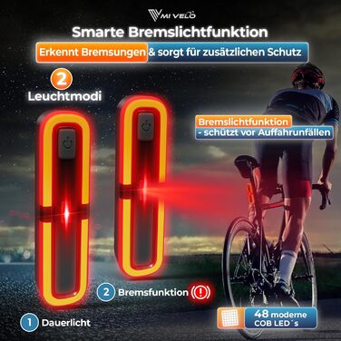 Комплект велосипедних ліхтарів MIVELO з індикатором гальм - світлодіодний велосипедний ліхтар StVZO, водонепроникний IPX5 - переднє та заднє велосипедне освітлення, заряджається USB - передній та задній велосипедний ліхтар з батареєю