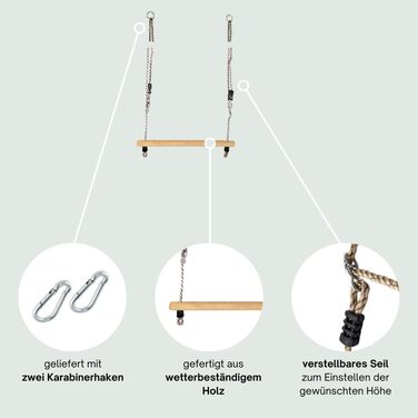 Гойдалка-трапеція h2i турнік з регульованою по висоті мотузкою та карабіном для підвішування дерев'яні гойдалки дитячі гойдалки на