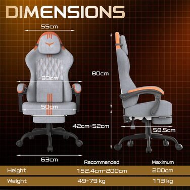Ергономічне ігрове крісло Verdego з функцією масажу, підголівником та підставкою для ніг, оксамит, регульована спинка 90-145, регульована висота 10 см, ігрове крісло, сіро-помаранчевий оксамит