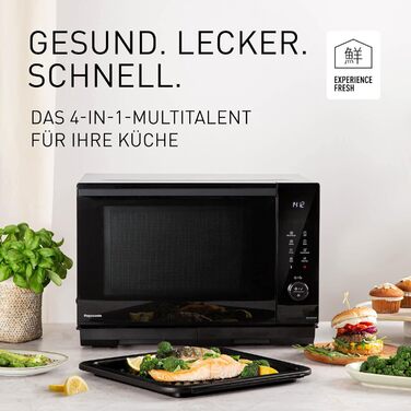 В-1 комбінація мікрохвильової печі та гриля, планшет, 27 літрів, 1000 Вт, приготування на двох рівнях, сенсор Genius, 32 автоматичні програми, піддон для гриля, легко миється, чорний з верхнім/нижнім нагріванням (простір для приготування їжі 27 л), 59NMET