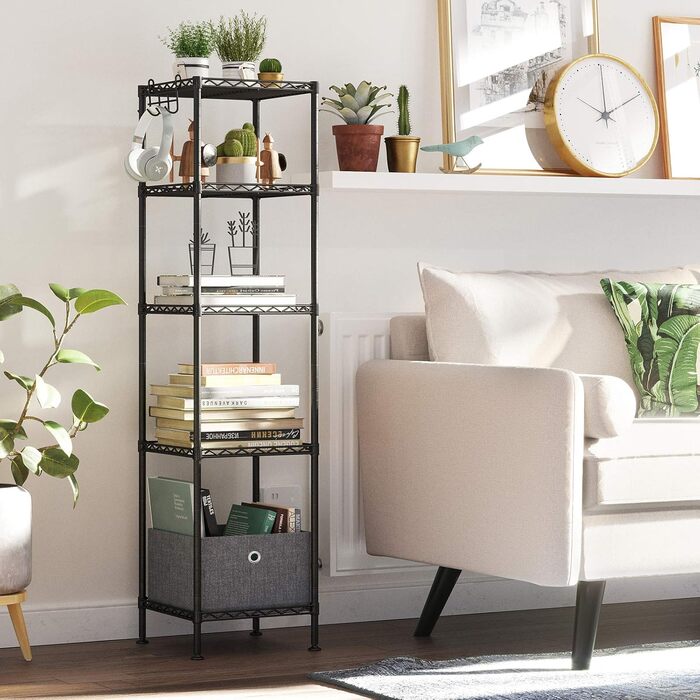 Полиця для ванної кімнати SONGMICS, окремостояча, металева полиця, вантажопідйомність до 100 кг, з 5 полицями з поліпропілену, знімні гачки, 30 x 30 x 123,5 см, розширювана, для невеликих приміщень, чорно-прозора LGR23BK чорний прозорий