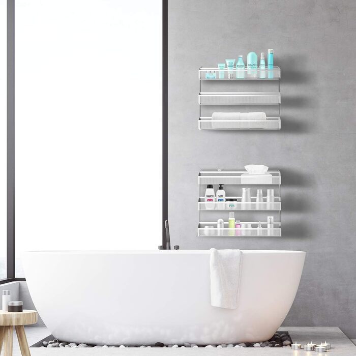 Стійка для спецій, Органайзер, 3 рівні, Окремостояча або настінна, Підвісна полиця для кухонної шафи, комори, дверей комори або ванної кімнати, Косметика для душу, Хром, 2 шт. Сріблястого кольору 3 x 16 x 14 см