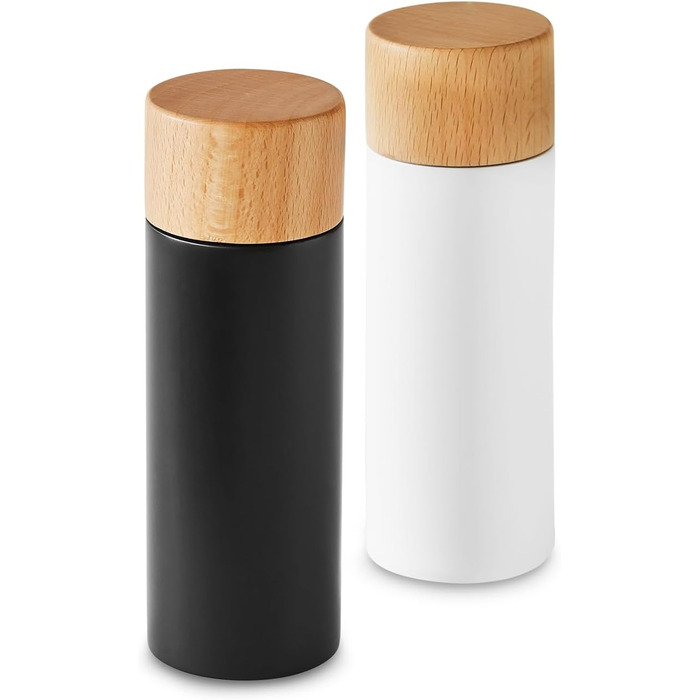 Набір млинів для солі та перцю 2 шт., Млин для березових спецій у скандинавському дизайні, регульований керамічний подрібнювач, подрібнювач, ненаповнений та багаторазовий - чорний/білий