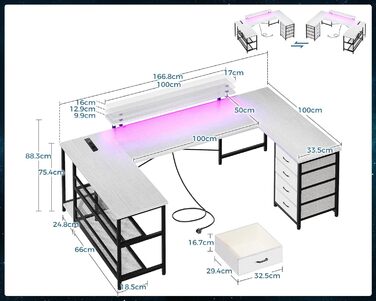 Кутовий стіл ODK з 4 шухлядами та місцем для зберігання, двосторонній кутовий стіл 167102 см з 2 розетками та 2 портами зарядки USB, ігровий стіл зі світлодіодним освітленням та підставкою для монітора для домашнього офісу, білий