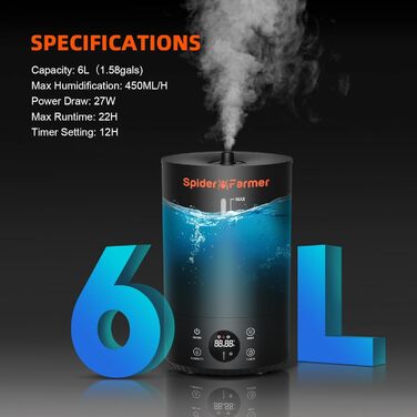 Зволожувач повітря 6 л з верхнім заповненням прохолодного туману Зволожувачі повітря для рослин намет для вирощування, 2024 Spider