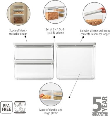 Штабелювані контейнери, набір з 2 шт. 1,5 л та 3,5 л Герметичні контейнери для зберігання із силіконовою кришкою для кухні Для сухих та вологих продуктів, цукру, борошна Світло-сірий