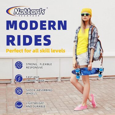 Скейтборди Nattork 22-дюймовий міні-круїзер фіолетовий скейтборд у комплекті ретро скейтборди з барвистими підсвічуванням PU колеса для дітей, дівчаток, хлопчиків, початківців, Blauer Stern