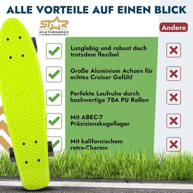 Скейтборд BIKESTAR Vintage Retro Cruiser 60 мм - круїзерний скейтборд для дітей та дорослих, початківці від 6-8 років, ретро дизайн Gecko Green Devilish Black
