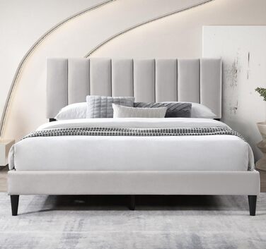 Ліжко Home Collective 140x200 см М&39яке ліжко з рейковою основою Каркас ліжка Двоспальне ліжко з м&39яким чохлом та м&39яким узголів&39ям з вертикальною стьобаною поверхнею Міцний каркас Високий комфорт сну Бежевий 140x200 см 140 x 200 см Бежевий (Стиль 