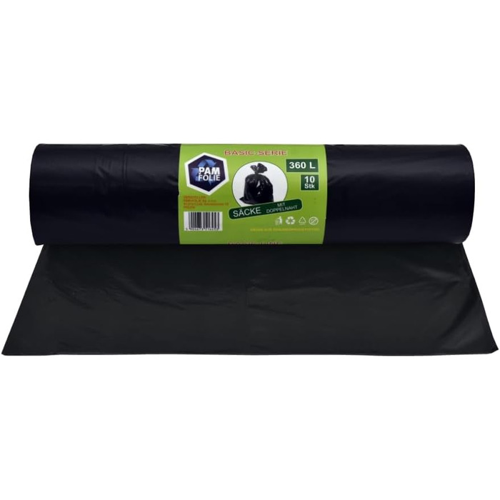 Універсальні сміттєві пакети 360 л - Комплект з 30 шт. - XXL Великі, міцні, товсті сміттєві пакети, базові - 120x150 см - 35 мкм - Чорні сміттєві пакети - Міцні сміттєві пакети - Регранульована плівка 360 л/35 мкм - Упаковка з 3 шт.