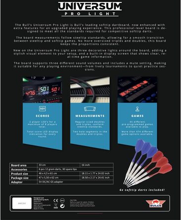 Електронна мішень для дартсу Bull&39s Universum Pro L з м&39яким наконечником світлодіодне підсвічування, 45 ігор / 474 варіації, до 8 гравців, включаючи дротики та аксесуари, чорний/білий