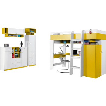 Ліжко-горище/двоярусне ліжко, композиція MOBI System 20 з письмовим столом і шафою. Комплект дитячих меблів. (білий/жовтий)