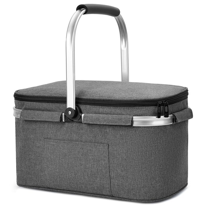 Велика складна ізольована сумка-холодильник - кошик для покупок з кришкою, знімний кошик для пікніка на 2 особи, кошик-холодильник з алюмінієвою рамою, потовщений термокошик - з 2 пакетами льоду XL чорного кольору