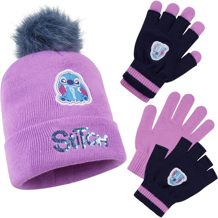 Зимові аксесуари для дівчаток Disney Stitch, дитяча шапка, рукавички, шарф - вибирайте з наборів, подарунки для дітей, фіолетовий набір Stitch з 2 предметів