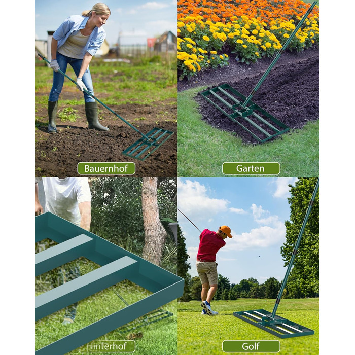 Гребінь для газону Rasen Rakel 76x25 см з ручкою 198 см, вирівнювач газону, широкий гребінь для піску, садовий аератор/гребінь для подвір'я, газону та гольф-поля (198 см, 76x25 см)