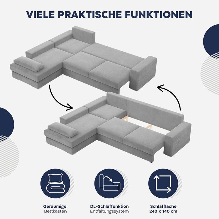 Кутовий диван з функцією сну та відділенням для зберігання речей шириною 287 см VELANO, кутовий диван, L-подібний диван, великий диван, комфорт та стиль, L-подібний секційний диван, L-подібний диван з функцією сну - Вельветовий диван темно-сірий (Poso 022