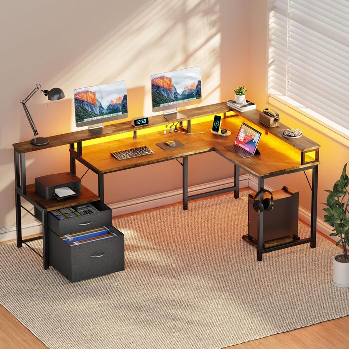 Кутовий письмовий стіл YOUDENOVA з шухлядами, L-подібний, 168x100 см, ігровий стіл зі світлодіодним підсвічуванням, комп&39ютерний стіл з розеткою та портом зарядки USB, офісний стіл, коричневий, 168*100*88,5 см, вінтажний коричневий