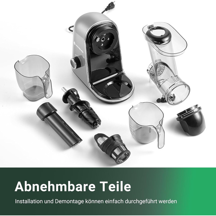 НовинкаСоковижималка AOBOSI-Повільна соковижималка з 2 швидкостями - Соковижималка для овочів і фруктів з 8 рівнями, шнекова соковижималка зі щіткою для чищення та 2 чашки соковижималки для фруктів з функцією реверсу 40 x 17 x 37 (CM) Сірий