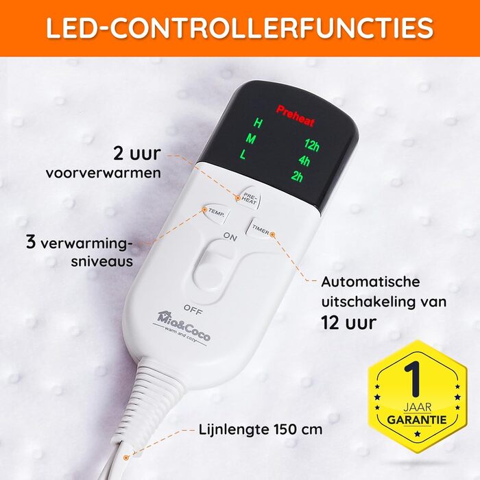 Ковдра Mia&Coco з підігрівом та автоматичним вимкненням, 160 x 130 см, підігрів підковдри з 12-годинним таймером та 3 режимами нагріву, світлодіодний дисплей, захист від перегріву, підходить для більшості матраців, можна прати в пральній машині, 160x130 с