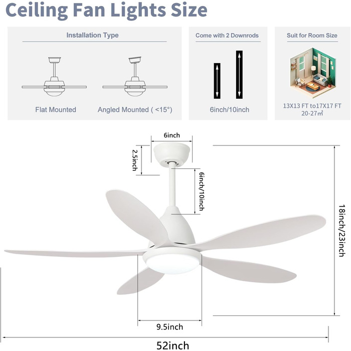 Стельовий вентилятор FENGYUN ELE зі світлом, 132 см білий стельовий вентилятор зі світлом і пультом дистанційного керування, ревер