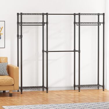 Телескопічна вішалка для одягу Himimi з 4 шт. ангами для одягу та 6 полицями з регульованою висотою, 1 гачок, телескопічна система полиць, Ш (175-230) x В 180 см, адаптується до кімнат різних розмірів, чорна, 175-230 x 35 x 180 см, чорний