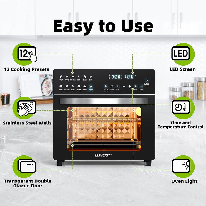 Міні-духовка для фритюрниці LLIVEKIT 26 л, фритюрниця XXL потужністю 1700 Вт з 12 програмами та книгою рецептів, конвекційна піч із цифровим світлодіодним дисплеєм, фритюрниця з попереднім нагріванням, підтримання тепла та розігрівання 26 л чорний