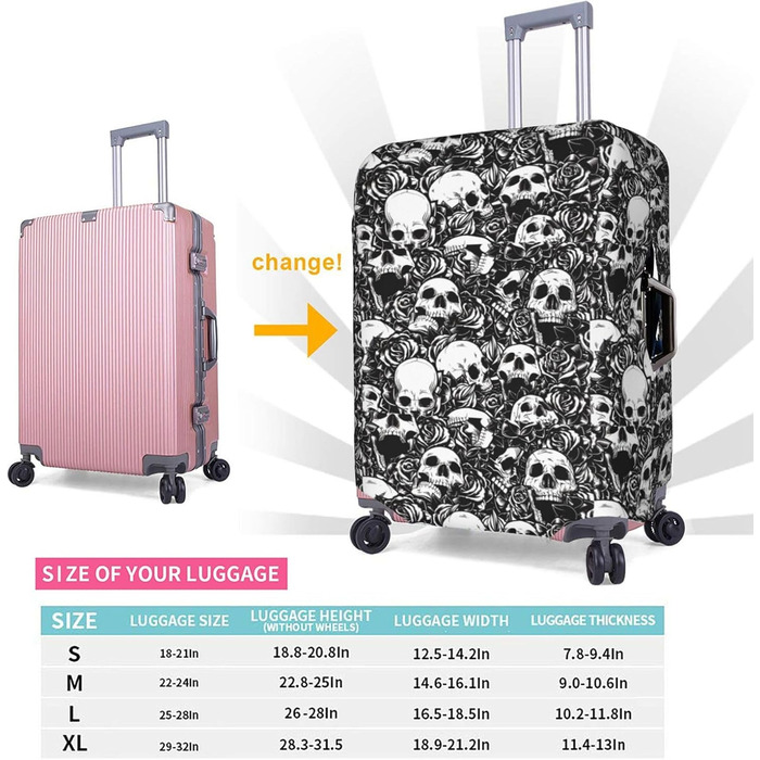 Чохол для валізи BREAUX з квітковим та дизайном черепа, унікальний двосторонній принт, білий, малий розмір