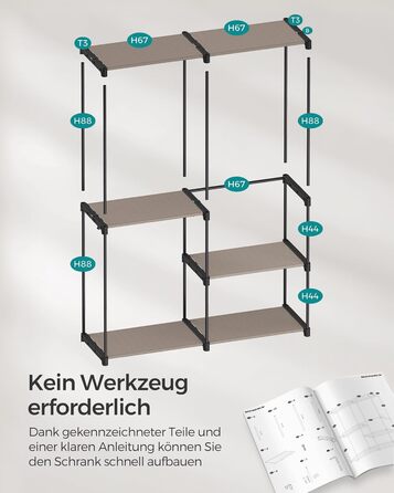 Відкрита шафа, вішалка для одягу, штанга для одягу, шафа, 3 підвісні полиці, багато місця, для спальні, вітальні, 138 x 43 x 182 см, сіро-коричневий RYG025R02 сіро-коричневий 138Д x 182В см