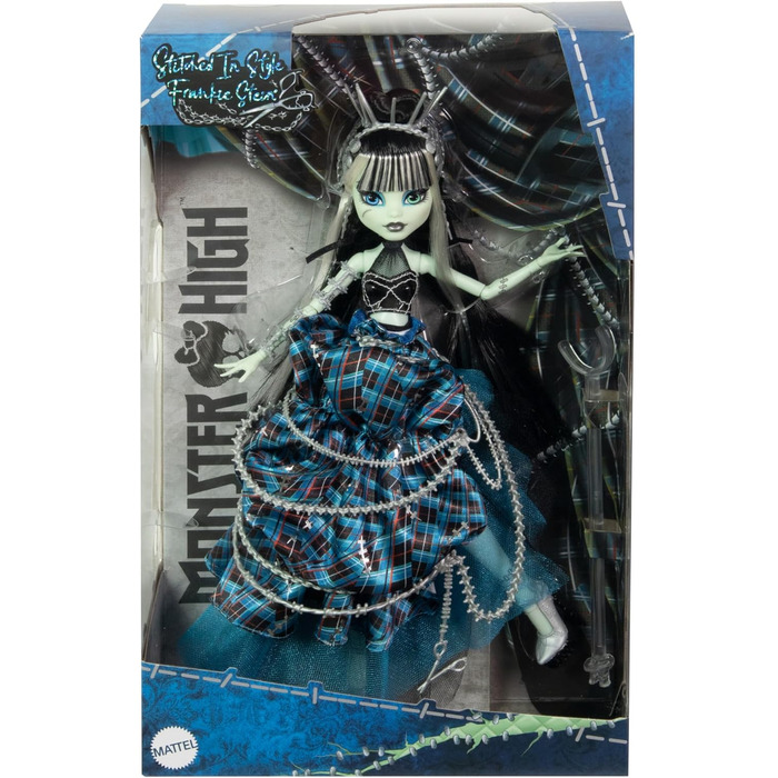 Лялька Monster High Stitched in Style Френкі Штайн - Гуль з детальним виглядом, видимими швами, спідницею з рюшами та туфлями на шпильках у техніці печворк, для шанувальників та колекціонерів, HRL66