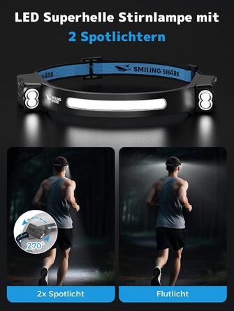 Налобний ліхтар Smiling Shark, ультраяскравий акумуляторний налобний ліхтар ємністю 2400 мАг, 2 білих світла та 2 прожектори з датчиком руху, багаторежимний світлодіодний налобний ліхтар з функцією обертання на 270 для кемпінгу на свіжому повітрі