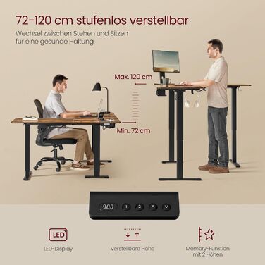 Електричний письмовий стіл з регульованою висотою, L-подібний кутовий стіл, 140 x 160 см, із зарядною станцією, функція пам&39яті з 2 висотами, для домашнього офісу, вінтажний коричневий - чорний LSD264K01 Вінтажний коричневий чорнильний