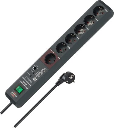 Розетка Brennenstuhl Secure-Tec 6-місна із захистом від перенапруги та функцією Main Follow (розетка з вимикачем і кабелем 3 м) ан